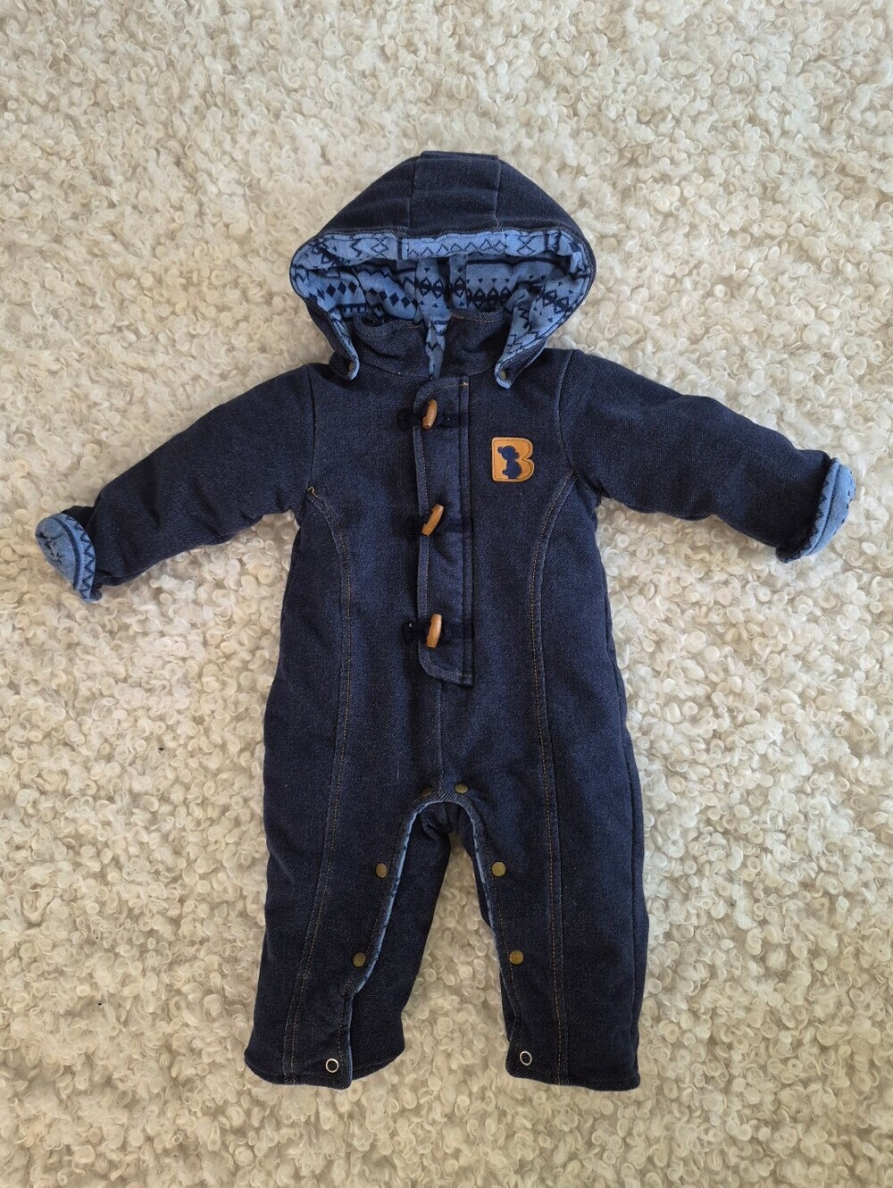BOLO Baby Blue Denim One Piece Hooded Padded Pram Jacket Outerwear Jumpsuit 9 M